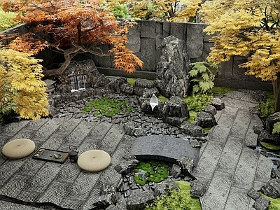 日式新中式庭院 假山水景 庭院铺装 溪流水景 造型景观树 石头