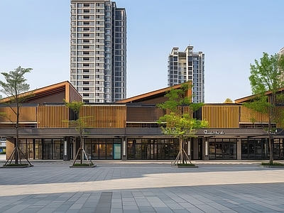 现代新中式街道外景 商业人行街道外景 道路 人行道 街道日景