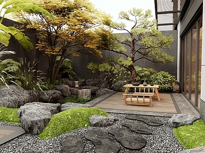 新中式别墅庭院 假山水景 自然溪流水景 锦鲤鱼池 灌木植物 石头汀步