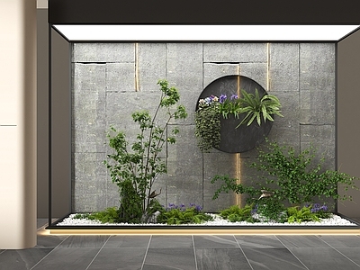 现代室内景观 室内绿植景观小品 天井 植物堆 鹅软石 景观石