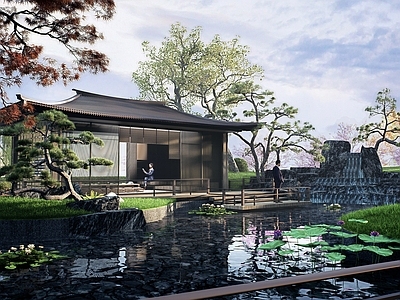 新中式现代滨水景观 现代园区滨河景观 新中式景观 景观亭 新中式水景