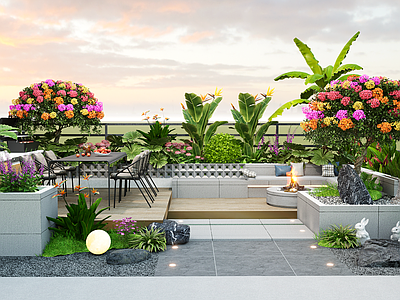 现代屋顶花园 现代屋顶花园景观 庭院户外沙发 户外椅 植物组合
