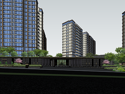 现代轻奢小区建筑 高层住宅 车库出入口 景观围墙 连廊 归家庭院