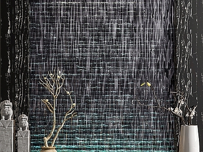 新中式中式假山水景 水景 流水墙 水幕 干枝 拴马石