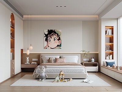 现代女孩房 儿童床 衣柜 玩偶摆件 床头柜 吊灯