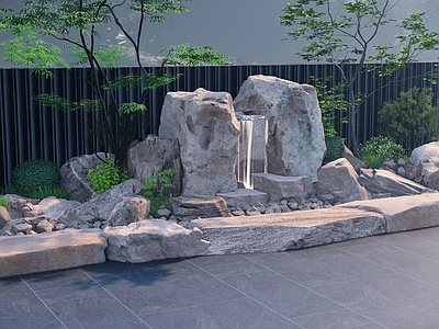 新中式日式石头 景石瀑布水景 庭院景石造景 景石组合对景 黄锈石块石景观 自然块石组合水景
