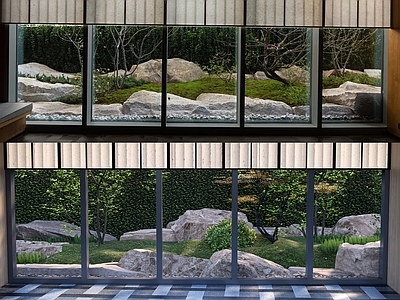 新中式日式庭院小品 庭院景石造景 下沉庭院景石景观 黄锈石块石景观 自然块石组合造景 荒料石块石造景