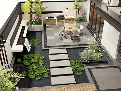 现代别墅庭院 流水景墙 庭院水景 户外桌椅 花草植物 户外操作台