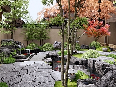 日式新中式庭院 假山水景 锦鲤鱼池 民宿庭院 别墅庭院 红枫