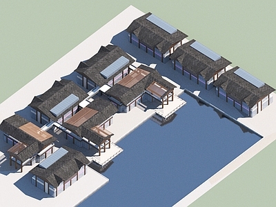 新中式中古商业街 商业步行街 二层商业 新中式坡屋顶 滨水商业