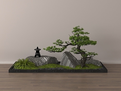 现代其他景观小建筑 庭院小品 罗汉松松树盆栽 庭院景观