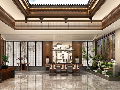中式新中式中餐厅 中式饭店大厅大堂 新中式中餐厅