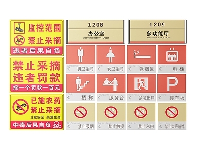 现代标识标牌 2D公共指示牌 公共场所标识牌 公共区域禁止牌 公共区域提示牌 小心危险警示牌