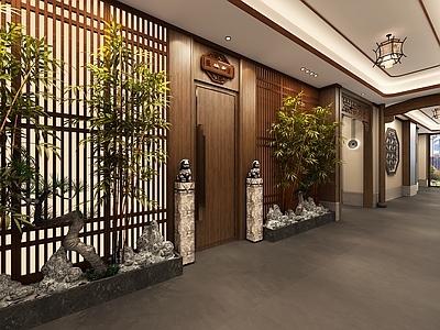 新中式中式中餐厅 新中式过道景观 中式过道景观
