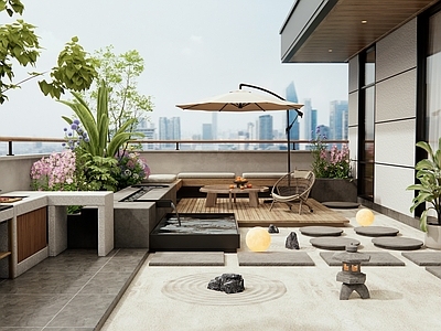 现代屋顶花园 庭院花园 流水水景 户外操作台 花草植物 户外桌椅