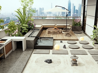 现代屋顶花园 流水小品 水景 户外操作台 花草植物 石板汀步