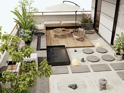 现代屋顶花园 庭院花园 水景小品 花草 露台 别墅阳台