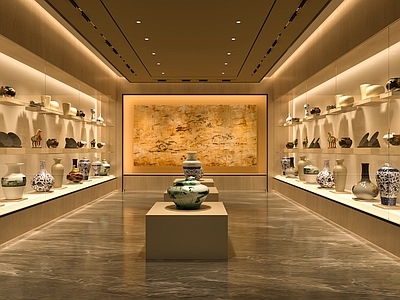 现代新中式博物馆 博物馆陈列展厅 瓷器收藏展览馆 考古教学陈列馆 瓷器陈列展台 文物藏品陈列展柜