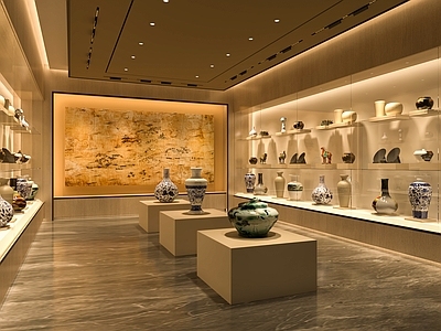 现代新中式博物馆 博物馆陈列展厅 瓷器收藏展览馆 考古教学陈列馆 瓷器陈列展台 文物藏品陈列展柜