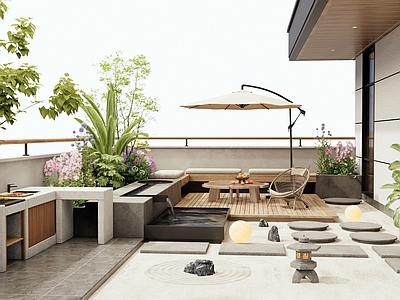 现代屋顶花园 露台 别墅阳台 户外操作台 花草植物 流水水景