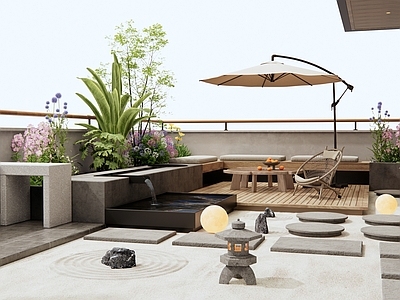 现代屋顶花园 户外桌椅 水景 花草 植物组合 汀步