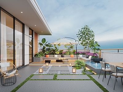 现代屋顶花园 现代屋顶花园 水景 水池 休闲椅 户外餐桌