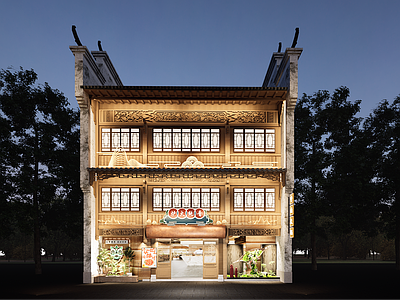 新中式中式火锅店 中式建筑 中式火锅店门头 商业门头 霓虹灯箱 门头设计