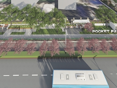 现代简约口袋公园 廊架 座椅 街边公园 路灯 logo墙