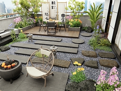 现代屋顶花园 露台景观 流水小品 户外桌椅 花草植物 石板汀步
