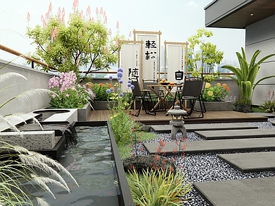 现代屋顶花园 跌水水景 花草植物 户外桌椅 别墅露台 石板路