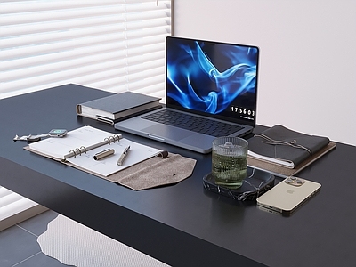 办公设备 记事本 苹果手机手表茶杯 办公桌笔记本电脑