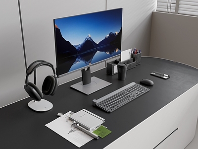 办公设备 台式一体机 键盘鼠标 耳机 笔筒 办公文具