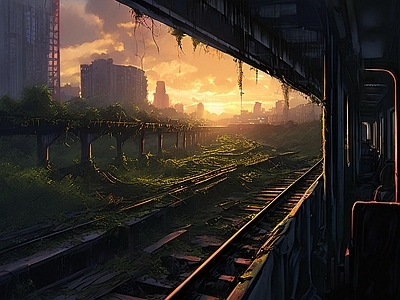 现代街道外景 废土 车站 荒废 路轨 夕阳