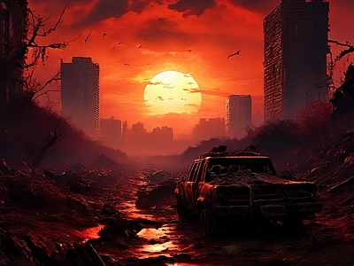 现代街道外景 末日 废土 废墟 战争 日落