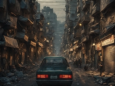 现代街道外景 废墟 末日 贫民窟 汽车 废土