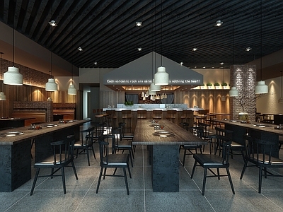 复古日式火锅店 工业风吧台 石材造型墙 铁网石子 火锅桌 白色陶罐