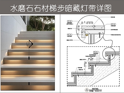 现代楼梯节点 水磨石石材梯步 梯步暗藏灯带 石材梯步防滑槽 楼梯梯步暗藏灯光 石材梯步拉防滑槽 施工图