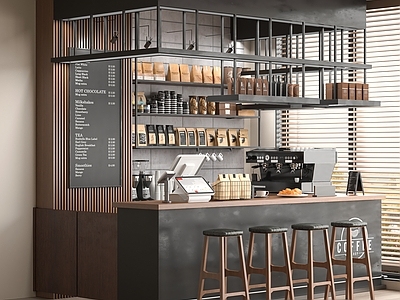 现代咖啡厅 咖啡吧台 咖啡机 工作台 奶茶咖啡店 操作台