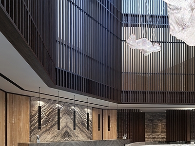 新中式原木博物馆 沙盘 挑空 旋转楼梯 云灯 格栅