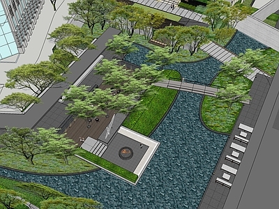 现代极简小区景观 景墙 水景 入户景观 景桥