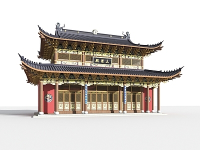 新中式中式古建筑 中式彩绘古建 三清殿 道观大殿三清殿