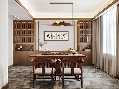 新中式中式茶室 茶桌椅 茶具 茶室柜 书柜 摆件