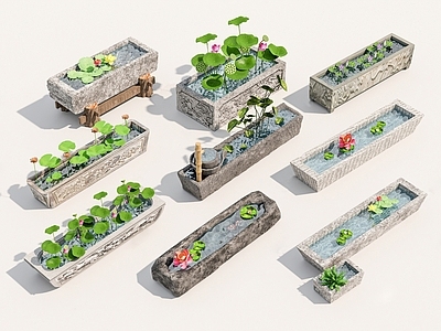 中式庭院小品 石槽 石槽水景 荷花水景 石头小品