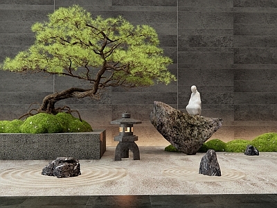 新中式庭院小品 枯山水 景观石头 造型松树 苔藓 室内景观
