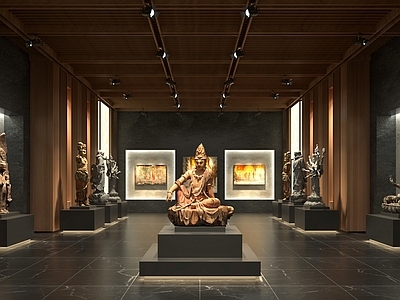 现代新中式博物馆 佛像收藏博物馆 佛造像陈列展厅 文物收藏陈列展台 佛造像壁龛陈列 史文物陈列展示
