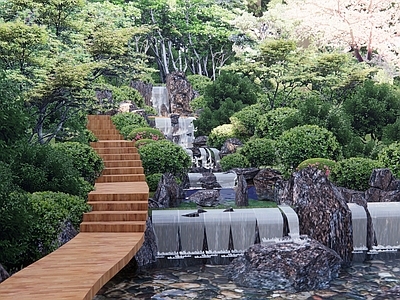 现代新中式水景 瀑布花园春天 叠水 假山水景 水钵 水缸水景