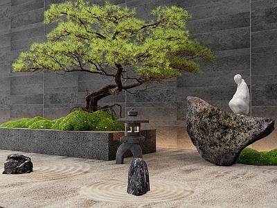 新中式石头 枯山水 松树 苔藓 庭院小品