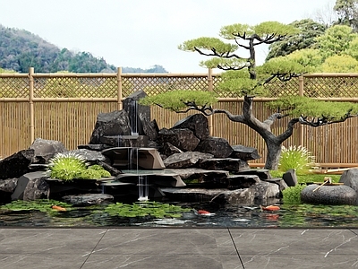 新中式假山水景 水景 假山 松树 水生植物 竹围栏