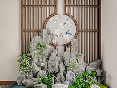 新中式中式假山水景 水景 假山 新中式隔断 庭院小品 绿植