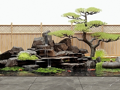 新中式水景 假山水景 松树 水生植物 竹围栏 竹篱笆
